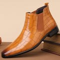 Glossy black high-top men's Chelsea boots by Mandotos International, size 48, with sleek leather finish and elastic side panels.
