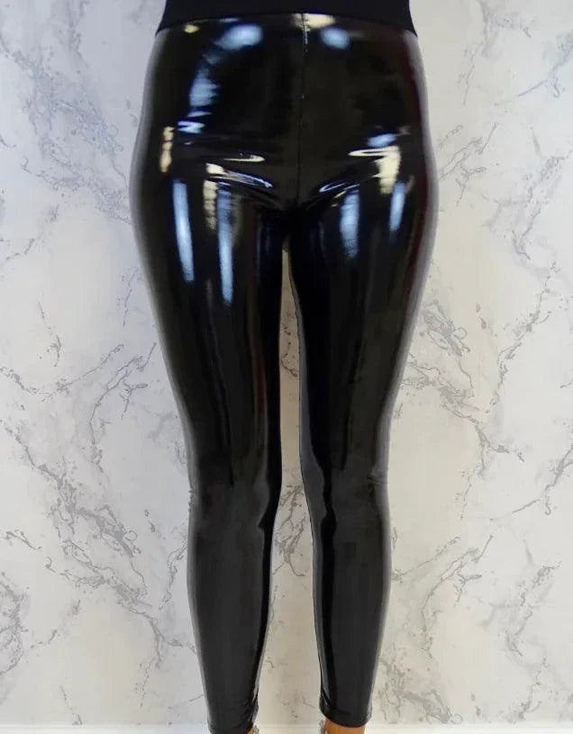 Glossy latex leather leggings by MANDOTOS featuring a shiny finish and fitted design, perfect for bold fashion statements.