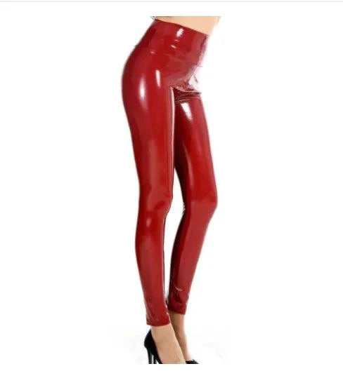 Glossy latex leather leggings by MANDOTOS featuring a shiny, form-fitting design for a bold, fashionable look.