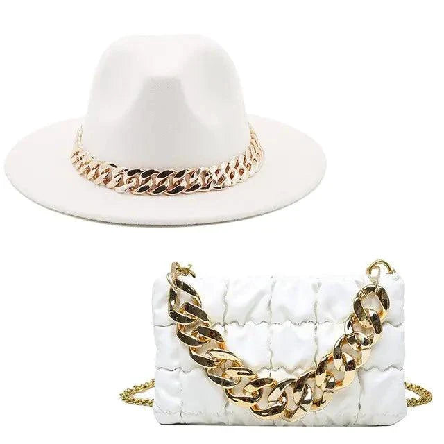 Mandotos luxury gold chain fedora hat featuring a stylish gold chain detail and classic fedora design.