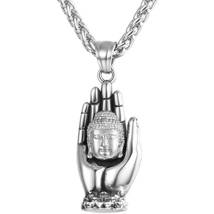 Golden Buddha pendant by MANDOTOS featuring intricate detailing and a polished gold finish, hanging on a delicate chain.