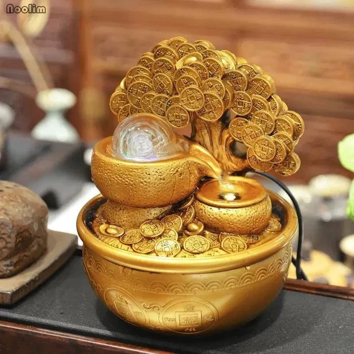 Mandotos Golden Prosperity Tree Fountain with flowing water and decorative golden tree, ideal for enhancing indoor or outdoor spaces