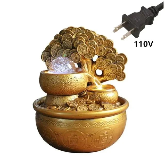 Mandotos Golden Prosperity Tree Fountain with flowing water and intricate golden design, ideal for home decor or spiritual space.