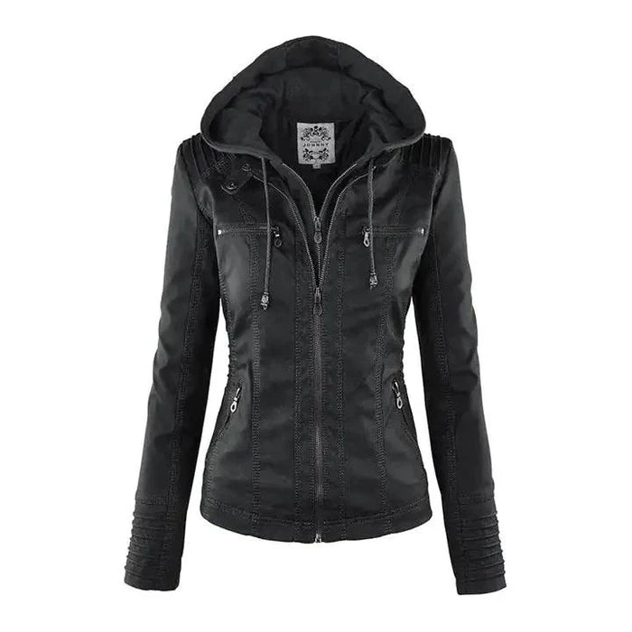 Gothic faux leather jacket by MANDOTOS with silver zipper and tailored fit, displayed on a mannequin against a dark background.