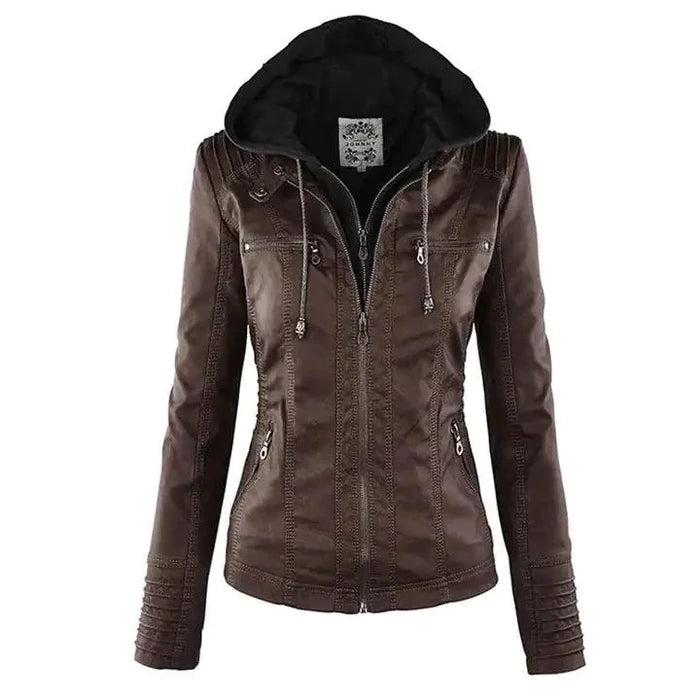 Mandotos Gothic faux leather jacket with silver zipper and studded details, stylish and edgy outerwear for a bold look.