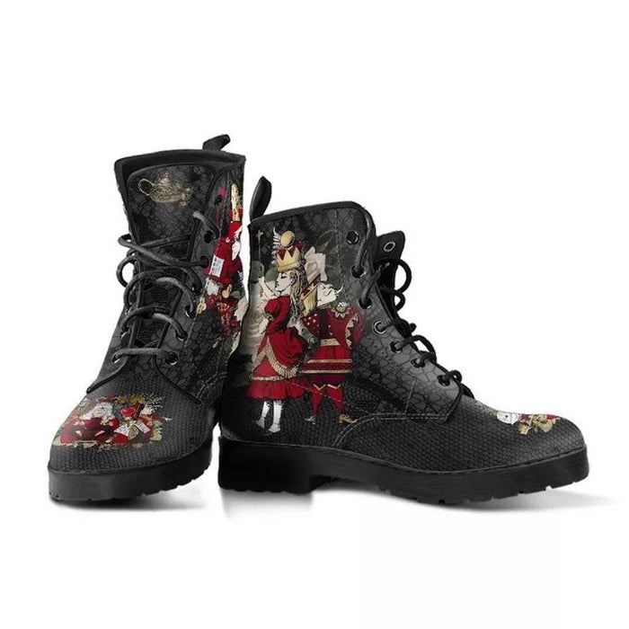 Gothic print vegan leather combat boots by Ancient Energy featuring pointed toes and lace-up design.