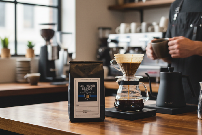Gun Powder Grinds with pour-over setup
