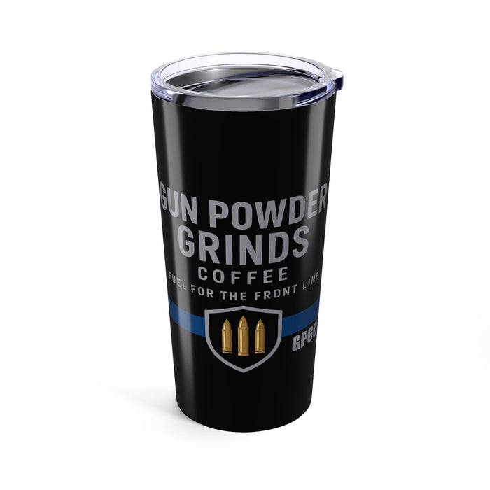 Black tumbler with 'Gun Powder Grinds Coffee' text and logo on a white background