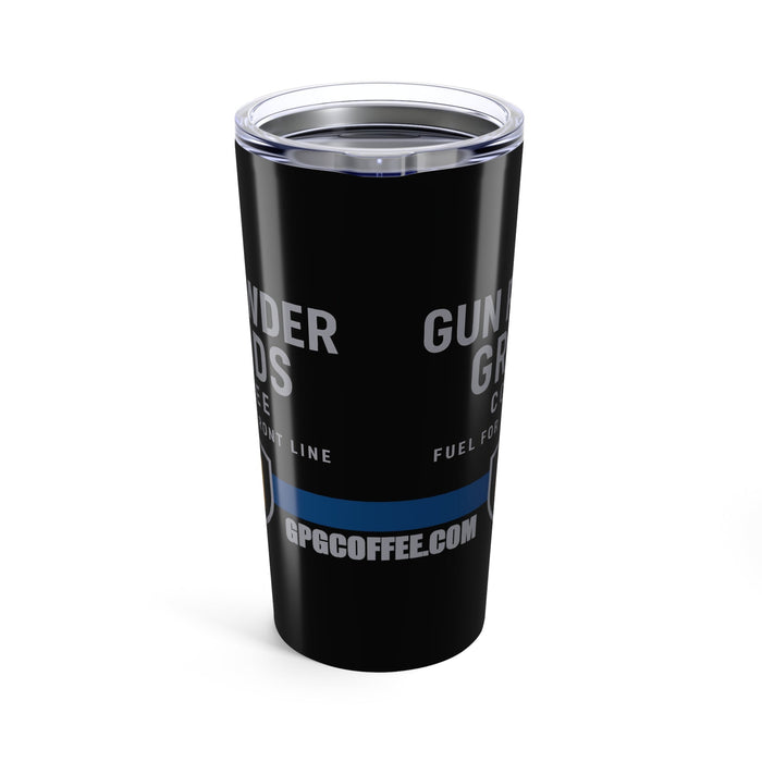 Black tumbler with text and a blue stripe on a white background