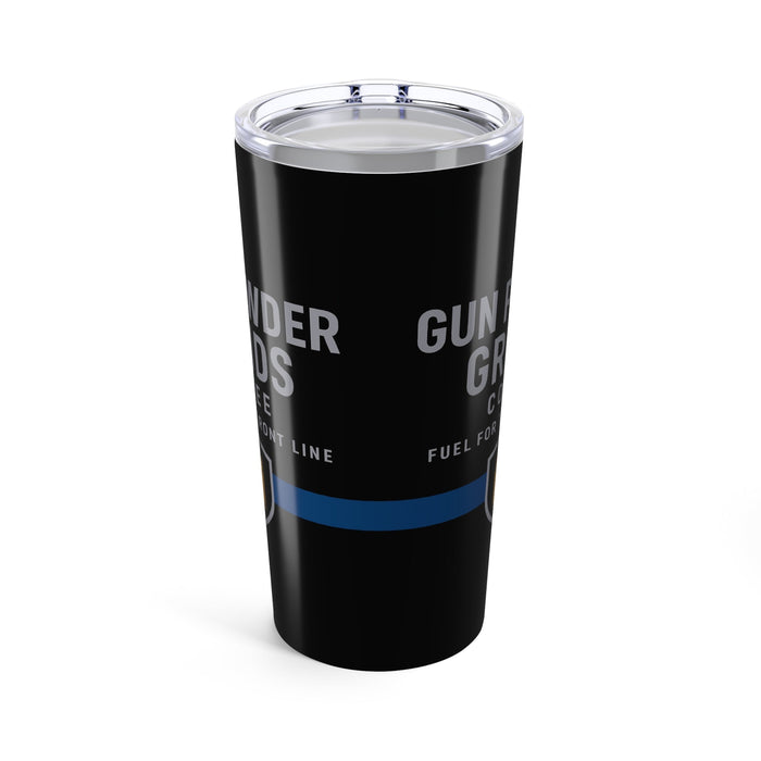 Black tumbler with text and a blue stripe on a white background