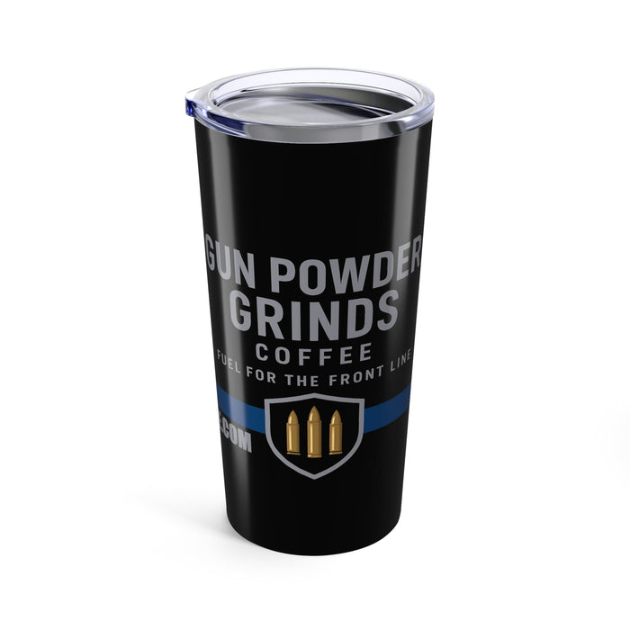 Black tumbler with 'Gun Powder Grinds Coffee' text and logo on a white background