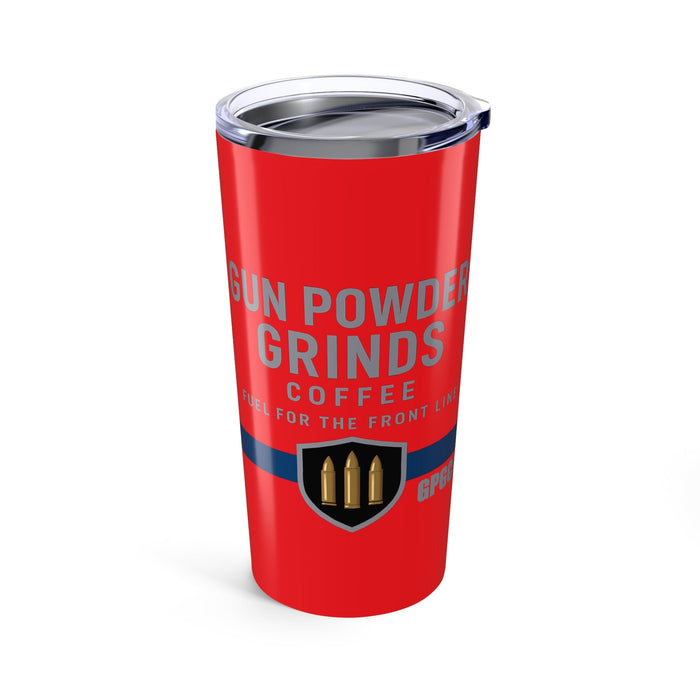 Red tumbler with 'Gun Powder Grinds Coffee' text and logo on a white background