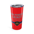 Red tumbler with 'Gun Powder Grinds Coffee' text and logo on a white background