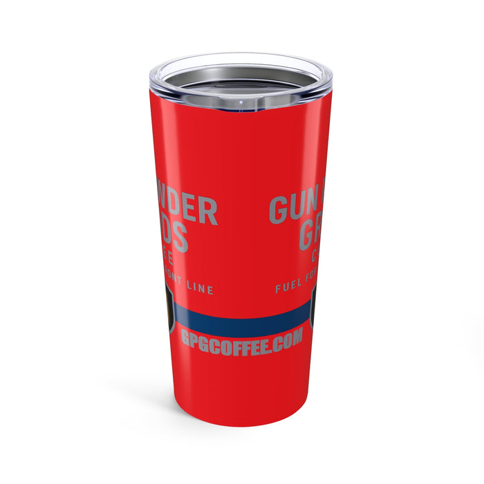 Red tumbler with branding on a white background