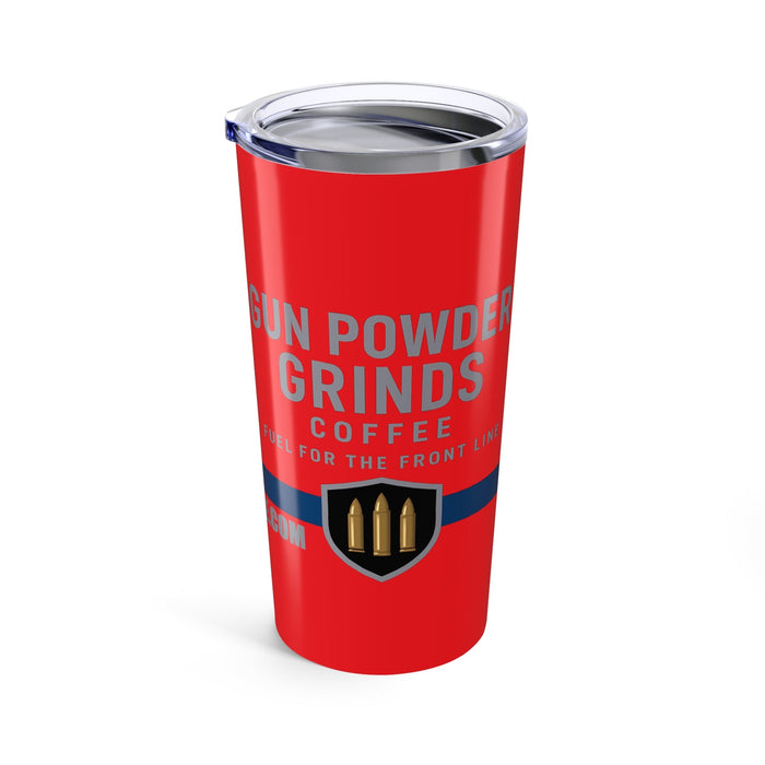 Red tumbler with 'Gun Powder Grinds Coffee' text on a white background