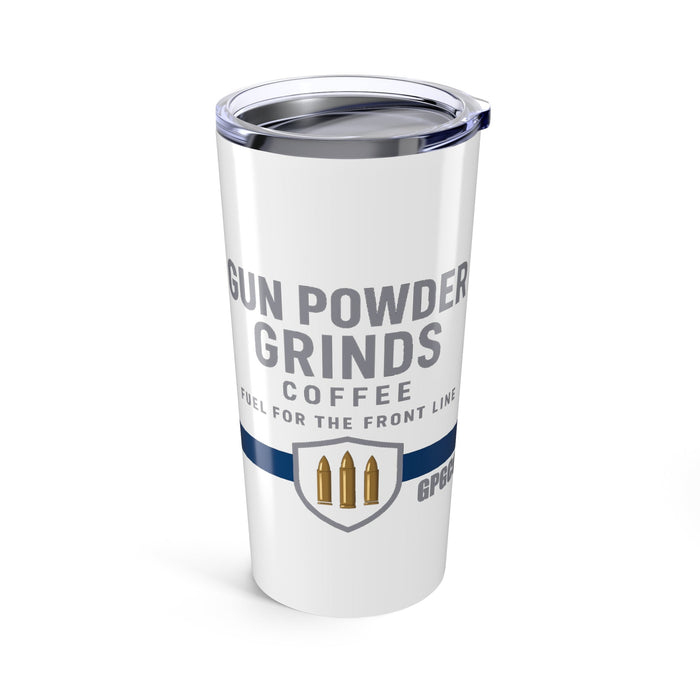 White tumbler with 'Gun Powder Grinds Coffee' text and logo on a white background