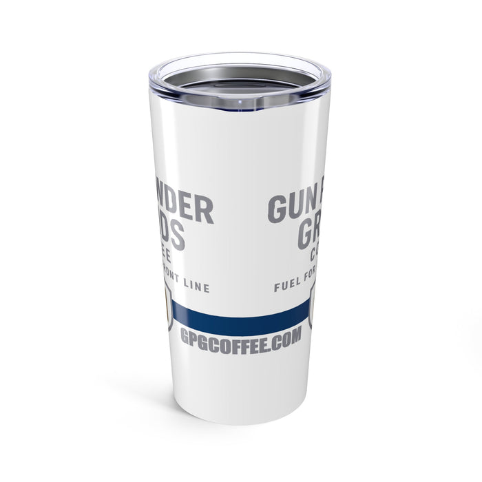 White tumbler with text and a blue stripe on a white background