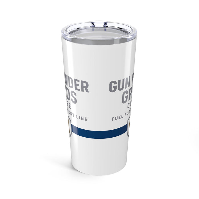 White tumbler with text and a blue stripe on a white background