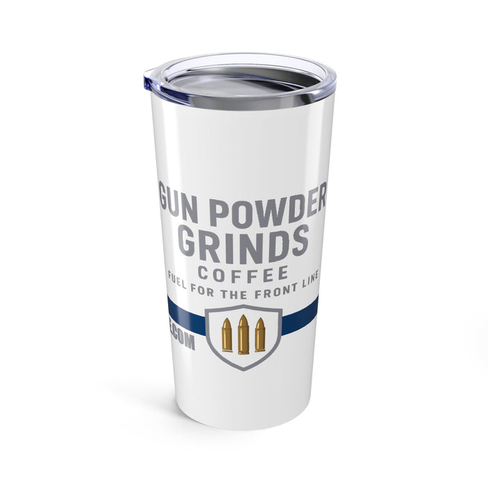 White tumbler with 'Gun Powder Grinds Coffee' text and logo on a white background