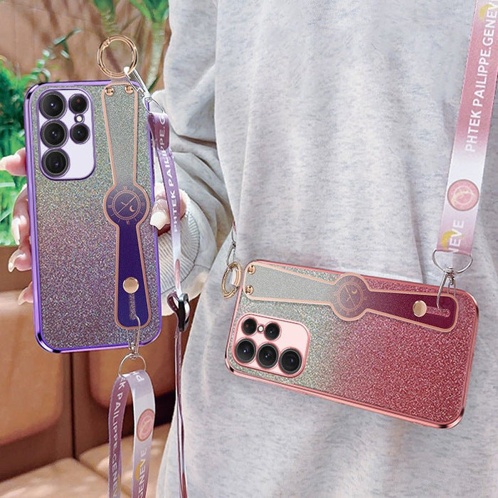 Gradient glitter wristband cross-body lanyard phone case by Ancient Energy with colorful, sparkly design and secure phone protection.