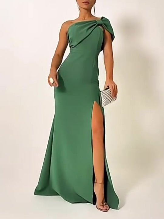 Green Bow Tube Top Evening Dress by Ancient Energy featuring a sleek, fitted design with a stylish bow detail at the neckline.