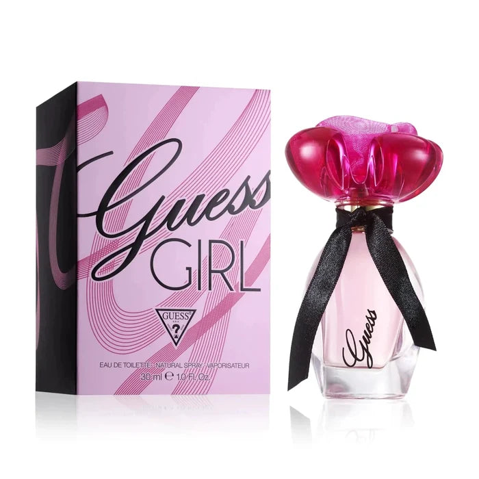 GUESS Girl Essence Eau de Toilette 1 oz bottle, floral fragrance for women, presented by MANDOTOS INTERNATIONAL.