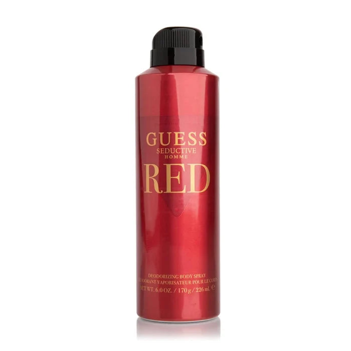 GUESS Red Charm men's body spray in 6 oz spray bottle, by Mandotos International, featuring a bold red design.