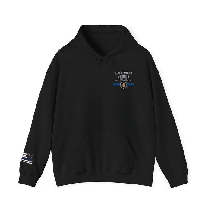 Black hoodie with a logo on the chest against a white background