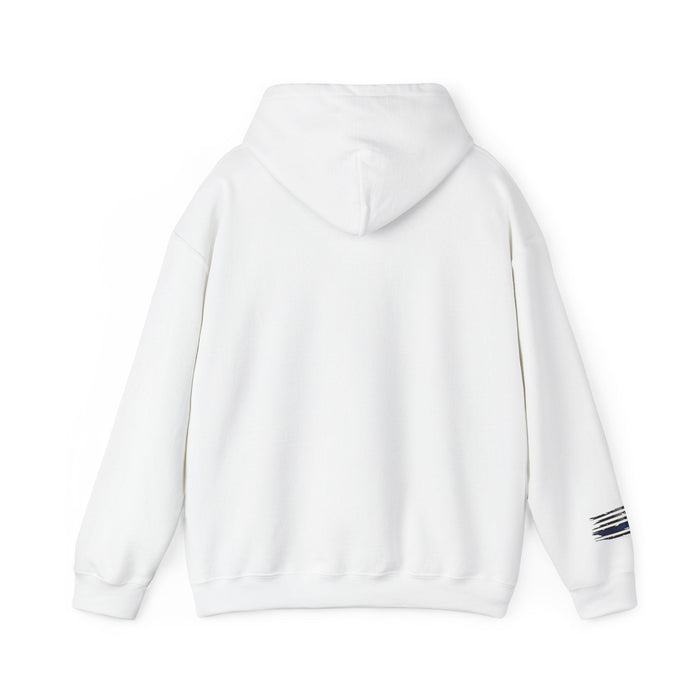 White hoodie with a small logo on the sleeve against a white background