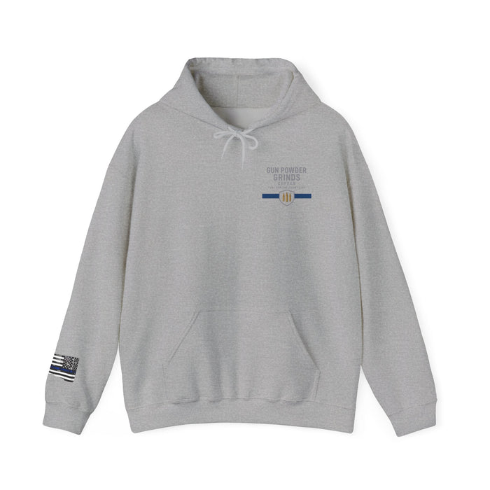 Gray hoodie with a logo on the chest and an American flag patch on the sleeve against a white background