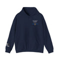 Navy blue hoodie with a logo on the chest against a white background