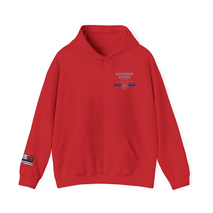 Red hoodie with a logo and text on a white background