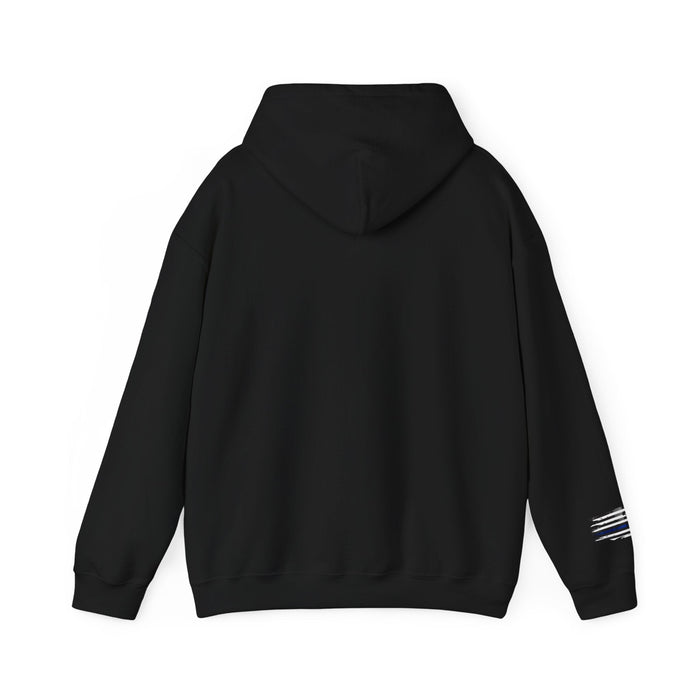 Black hoodie with a small white logo on the sleeve against a white background