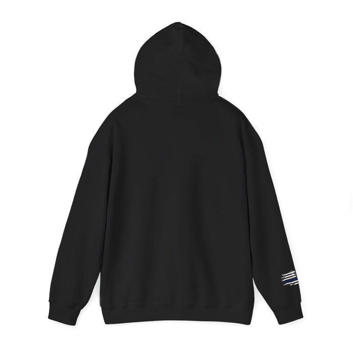 Black hoodie with a brand logo on the sleeve against a white background