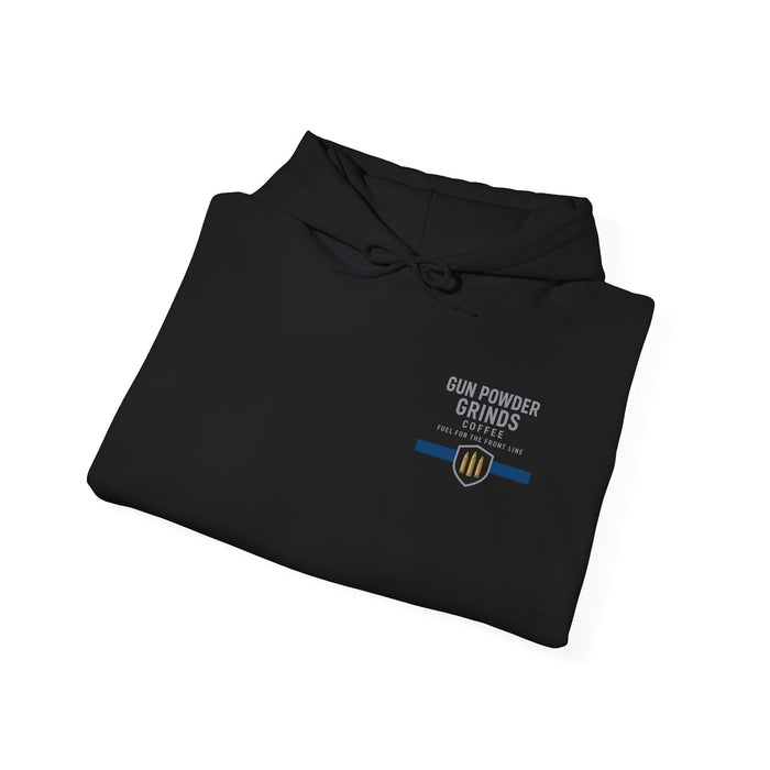 Black hoodie with 'Gun Powder Grinds Coffee' logo on a white background