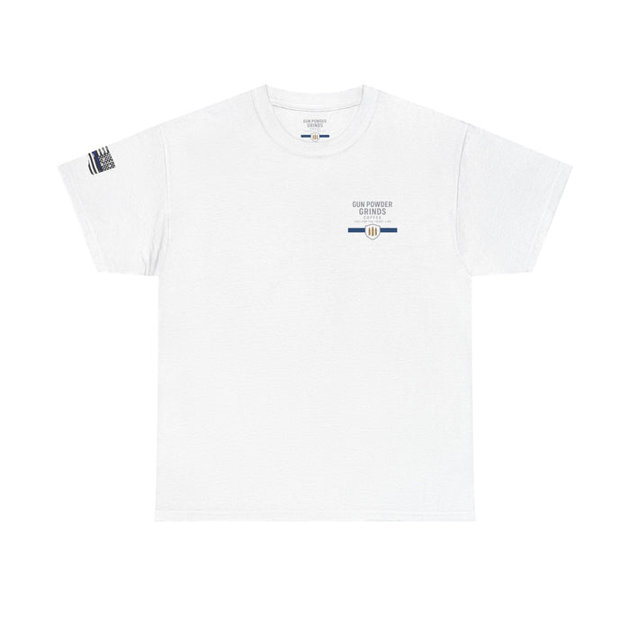 White t-shirt with small logos on a white background
