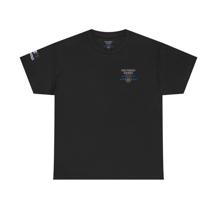 Black t-shirt with a small logo on the chest against a white background