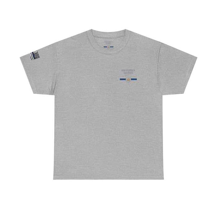Gray t-shirt with small logo on a white background