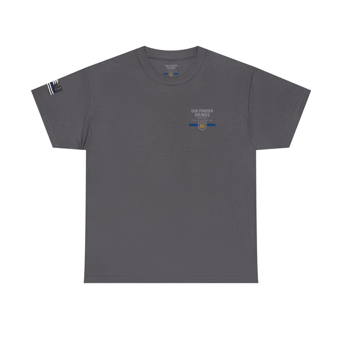 Gray t-shirt with a small logo on the chest against a white background
