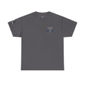 Gray t-shirt with a small logo on the chest against a white background