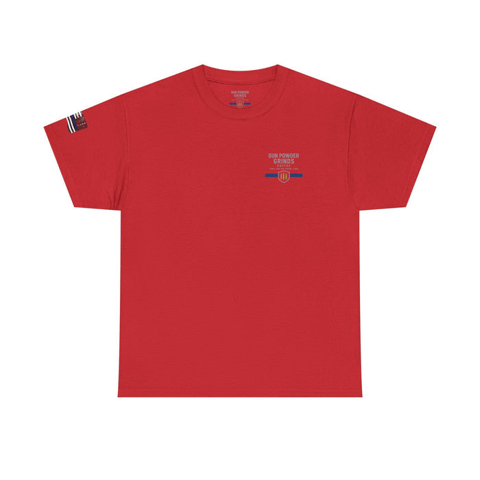 Red t-shirt with a small logo on the chest against a white background