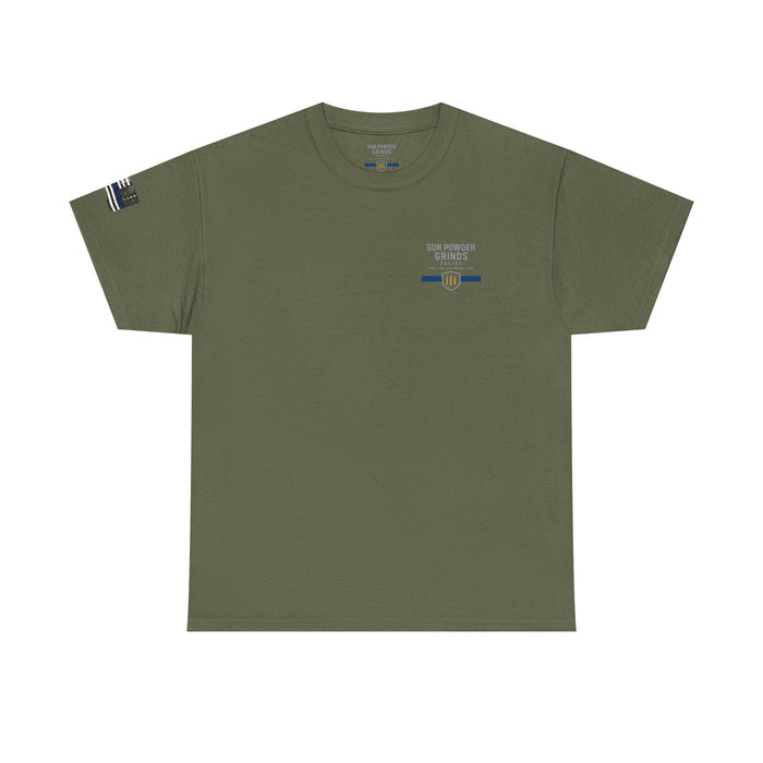 Green t-shirt with a logo on the chest against a white background