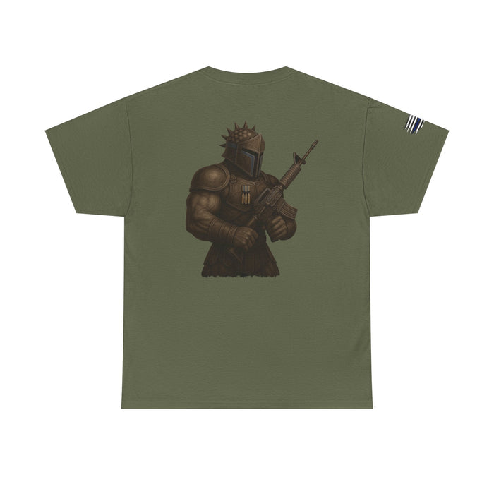 Green t-shirt with a graphic of a character holding a weapon on the back, on a white background.