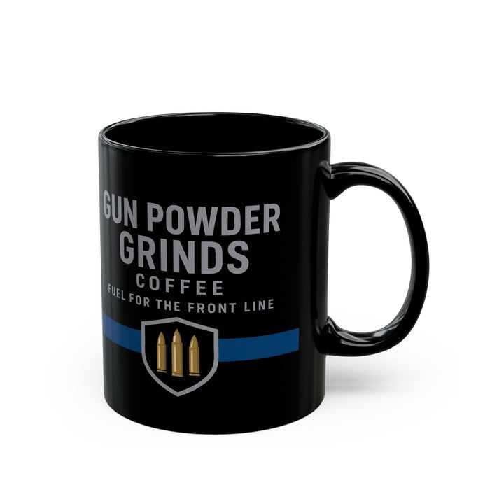 Black mug with 'Gun Powder Grinds Coffee' text and design on a white background