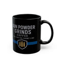 Black mug with 'Gun Powder Grinds Coffee' text and design on a white background