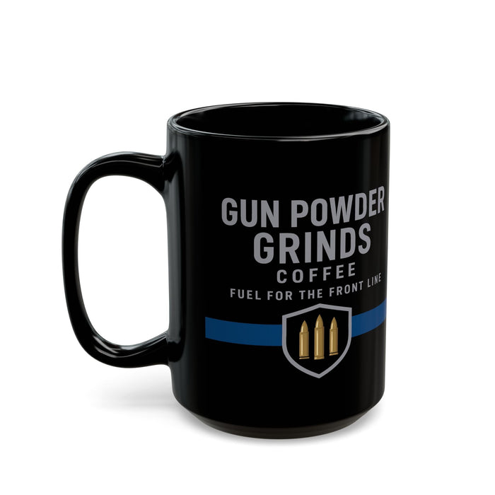 Black mug with 'Gun Powder Grinds Coffee' text and design on a white background