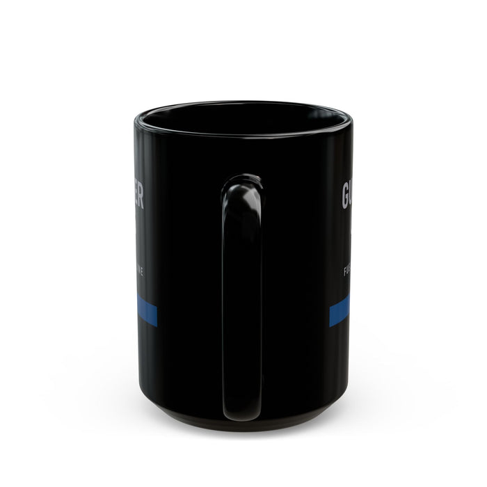 Black mug with text and blue accents on a white background