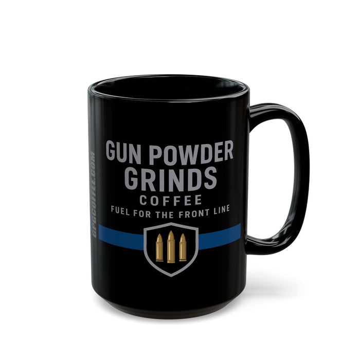 Black mug with 'Gun Powder Grinds Coffee' text and logo on a white background