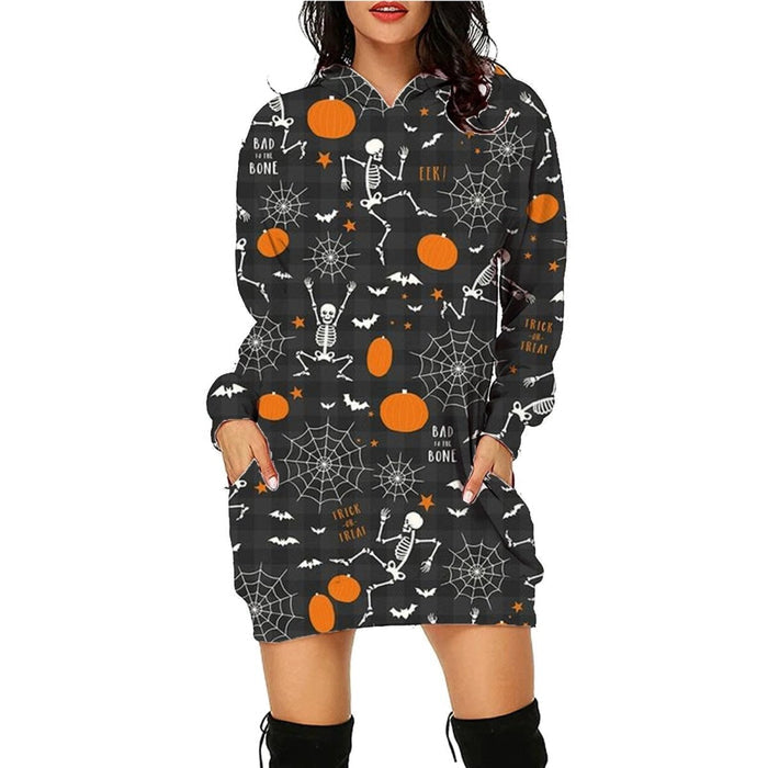 Mandotos Halloween print long hoodie with pockets, long sleeves, cozy sweater for women featuring festive Halloween design.