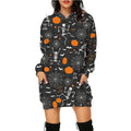 Mandotos Halloween print long hoodie with pockets, long sleeves, cozy sweater for women featuring festive Halloween design.